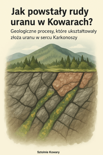 Schematyczna ilustracja przedstawiająca powstawanie rud uranu w rejonie Kowar z widocznymi spękaniami skał, żyłami rudnymi i intruzją granitową – pionowy przekrój geologiczny
