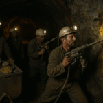 Trzej górnicy pracujący przy wydobyciu uranu w sztolni kopalni Kowary