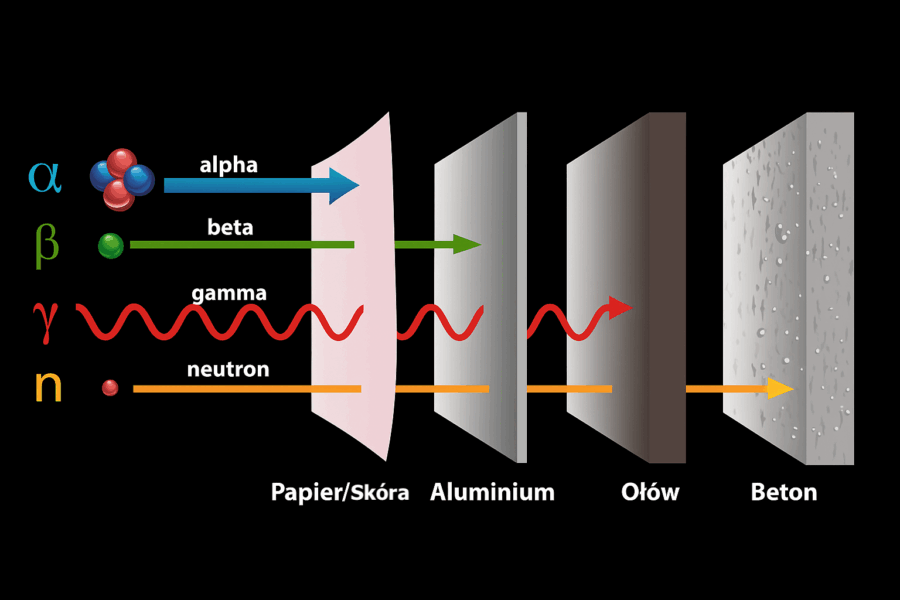 Grafika edukacyjna przedstawiająca promieniowanie alfa, beta, gamma i neutronowe oraz materiały ochronne (papier, aluminium, ołów, beton) na tle historii kopalni uranu Kowary i sztolni Liczyrzepa