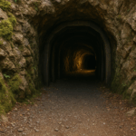 Wejście do sztolni wykute w skale, otoczone roślinnością, góry Kowarskie