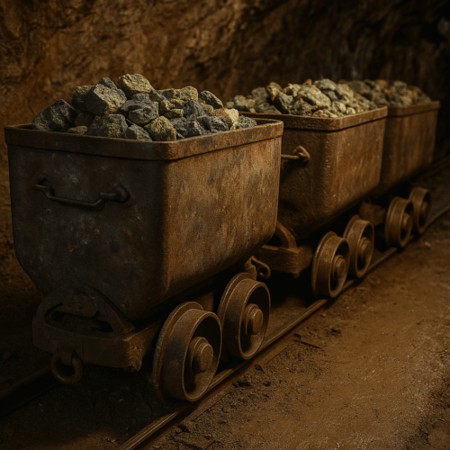 Trzy metalowe wagoniki z rudą uranu w podziemnym korytarzu kopalni Kowary